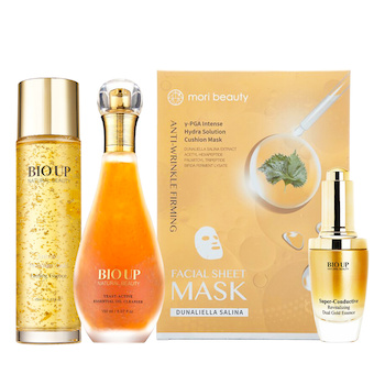 90-Day Anti-Aging Skin Care Management Set:Hydra Solution Cushion Mask (Anti-Wrinkle Firming)+Yeast Active Essential Oil Cleanser+BIOUP Super-Conductive Revitalizing Dual Gold Essence+BIOUP Entsuke Premium Gold Firming Essence